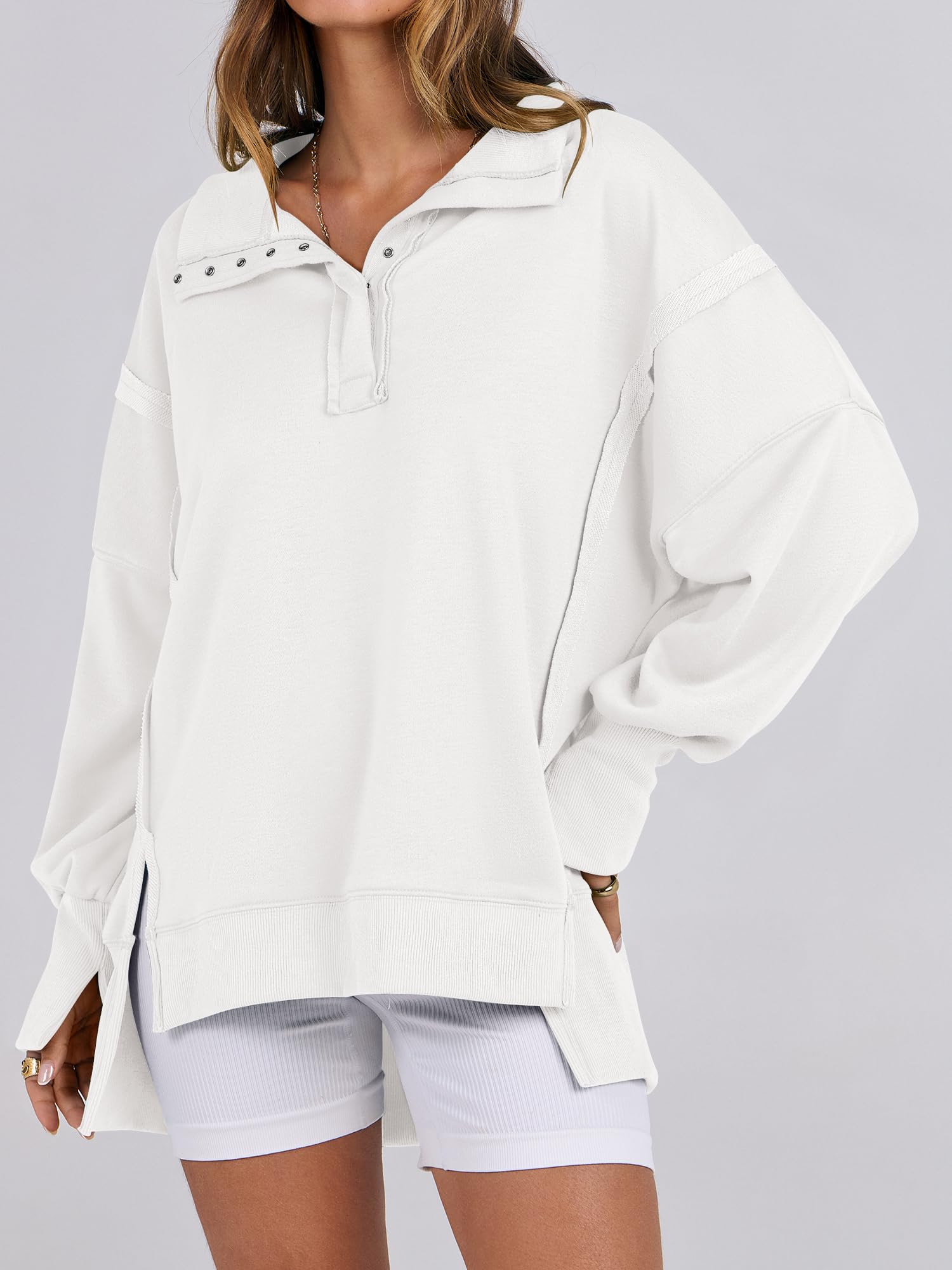 2024 New Women's Oversized High Low Split Button Up Henley Pullover Top(buy 2 10% OFF)