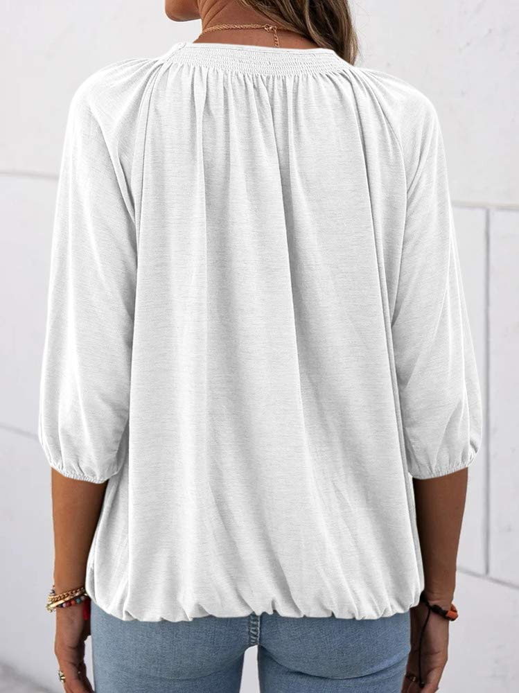 Women's Casual Cotton 3/4 Sleeve Loose Pleated Basic Tops