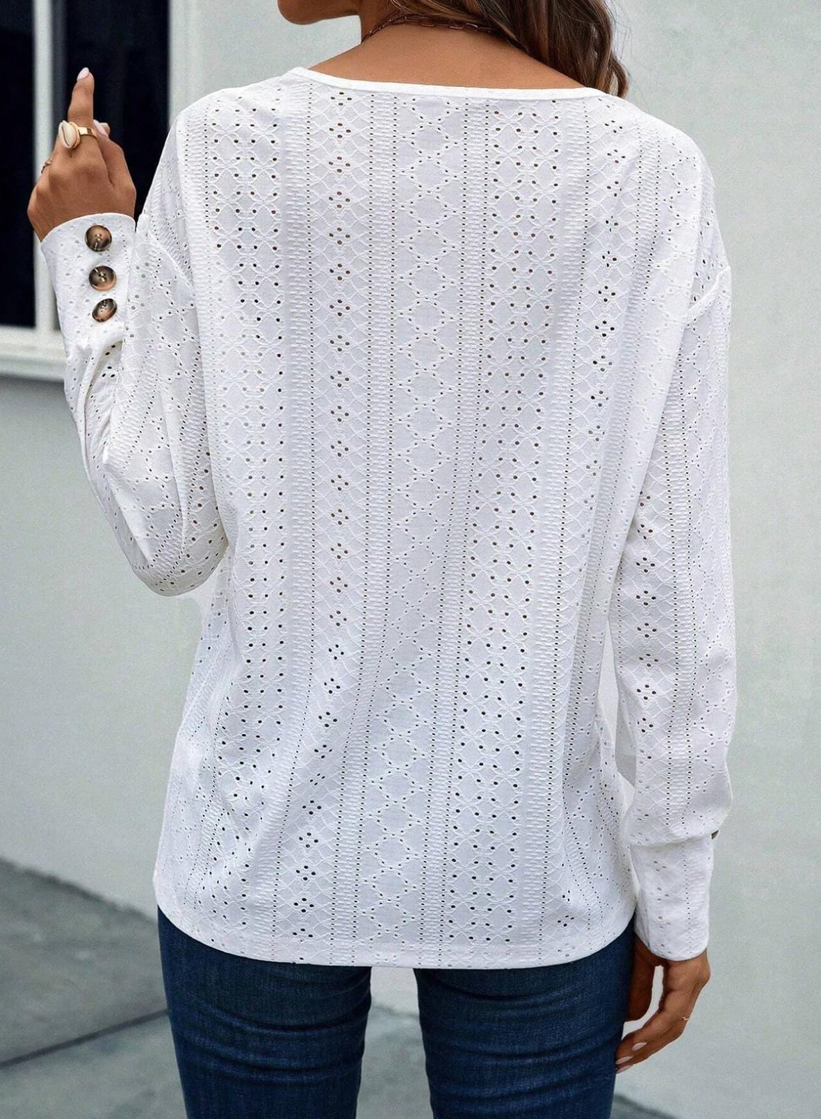 Women's Casual V Neck Long Sleeve Hollow Out Lace Embroidered Tops