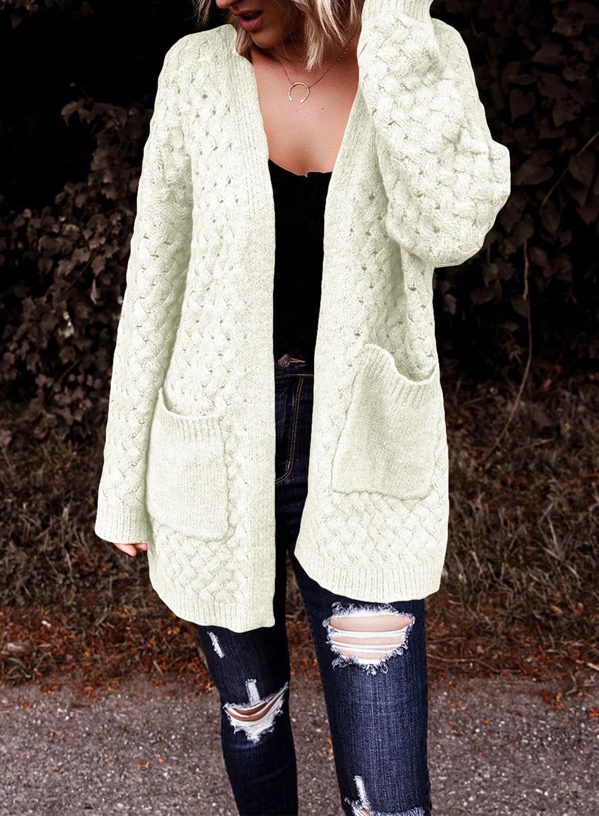 Women's Casual Open Front Long Sleeve Chunky Cable Knit Cardigans With Pockets