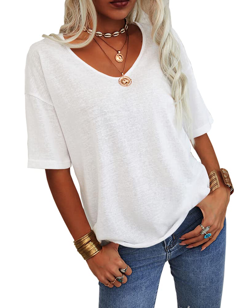 Women's Solid V-Neck Half Sleeves Oversized T Shirt
