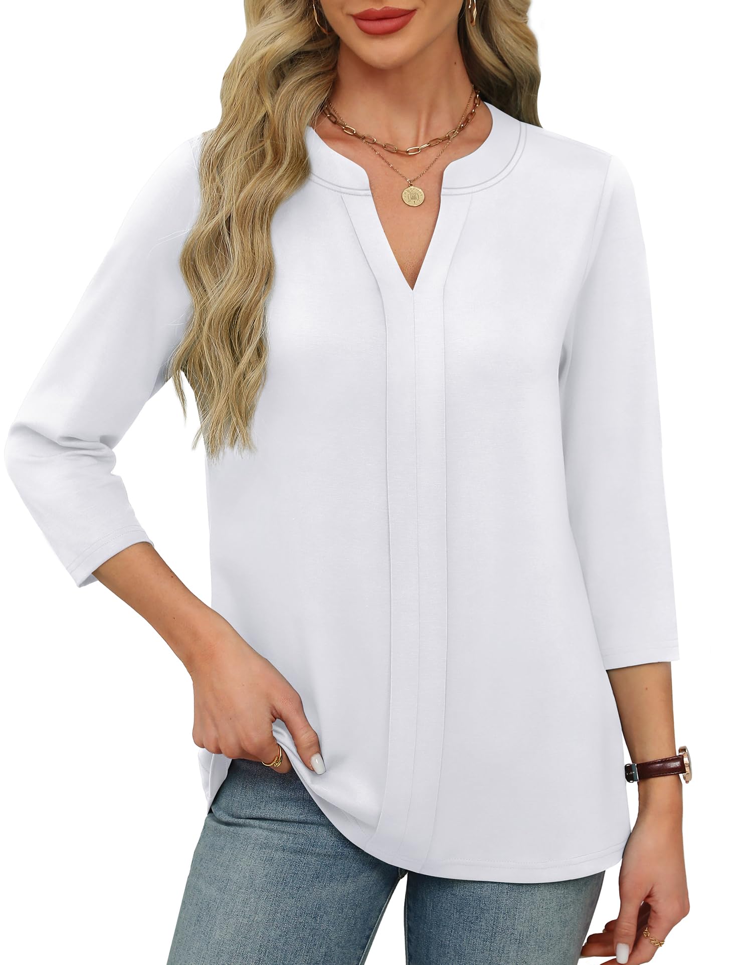 Womens 3/4 Length Sleeve Tops V Neck Pleated Work Blouses(buy 3 free shipping)