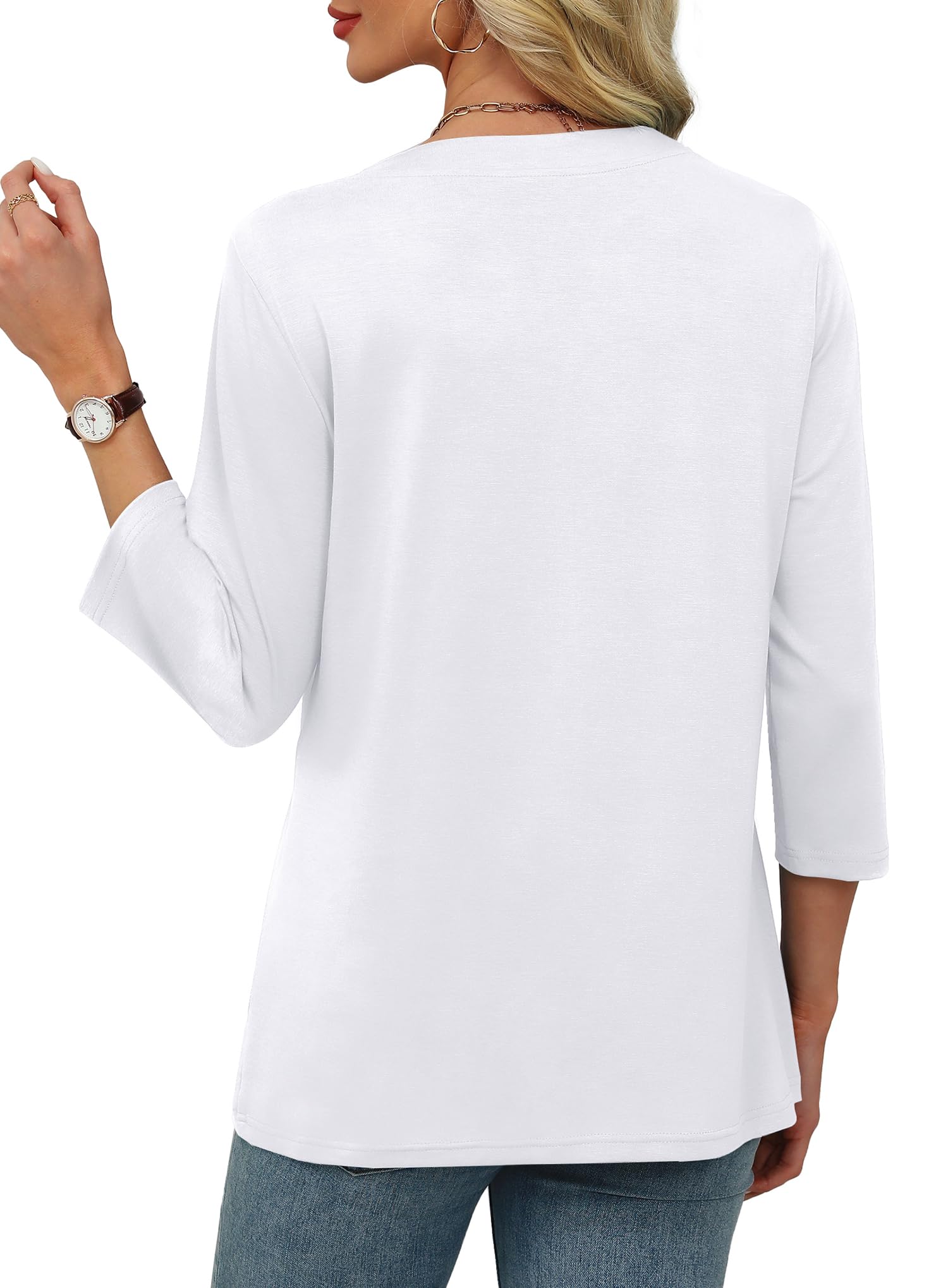 Womens 3/4 Length Sleeve Tops V Neck Pleated Work Blouses(buy 3 free shipping)