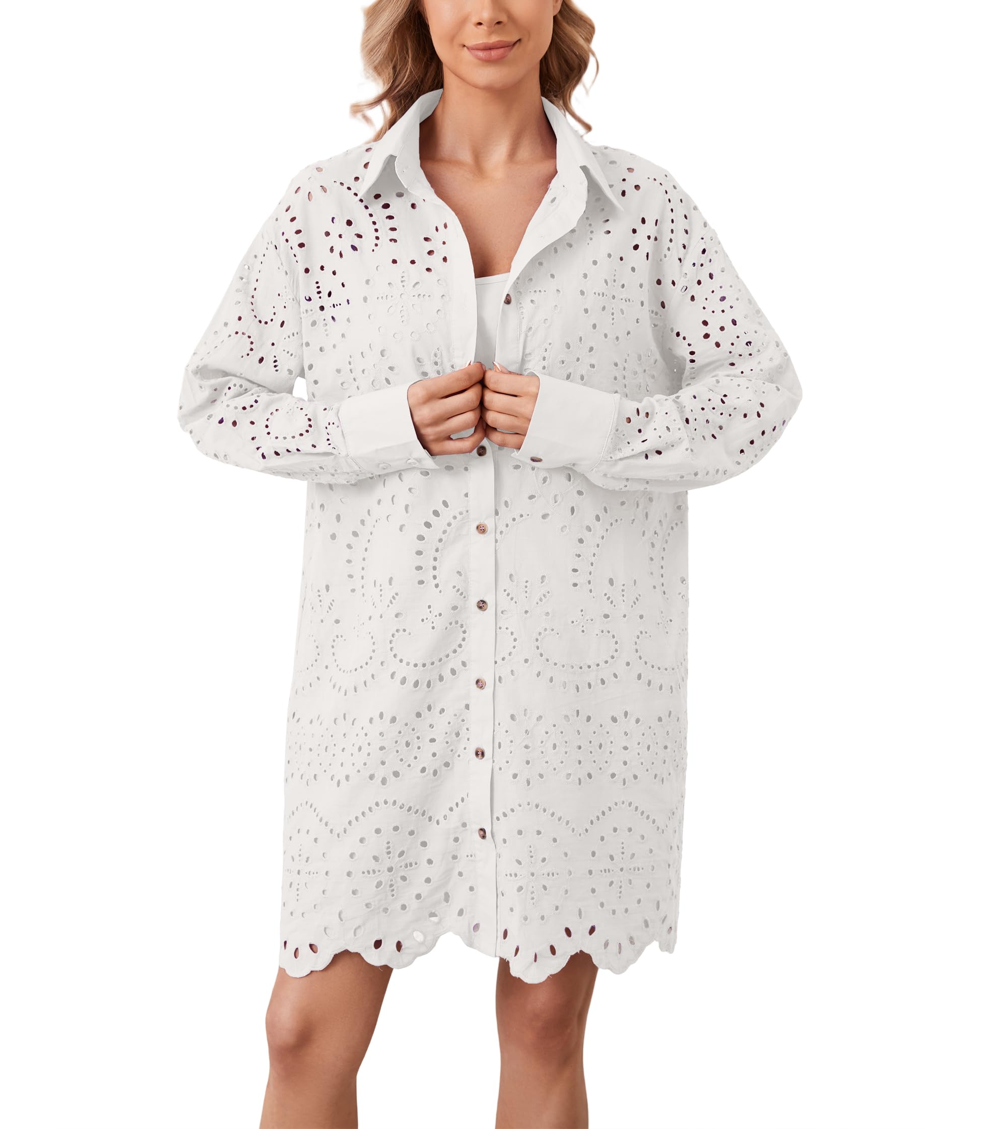 Women's Hollow Out Button Down Lapel Loose Mini Shirt Dress