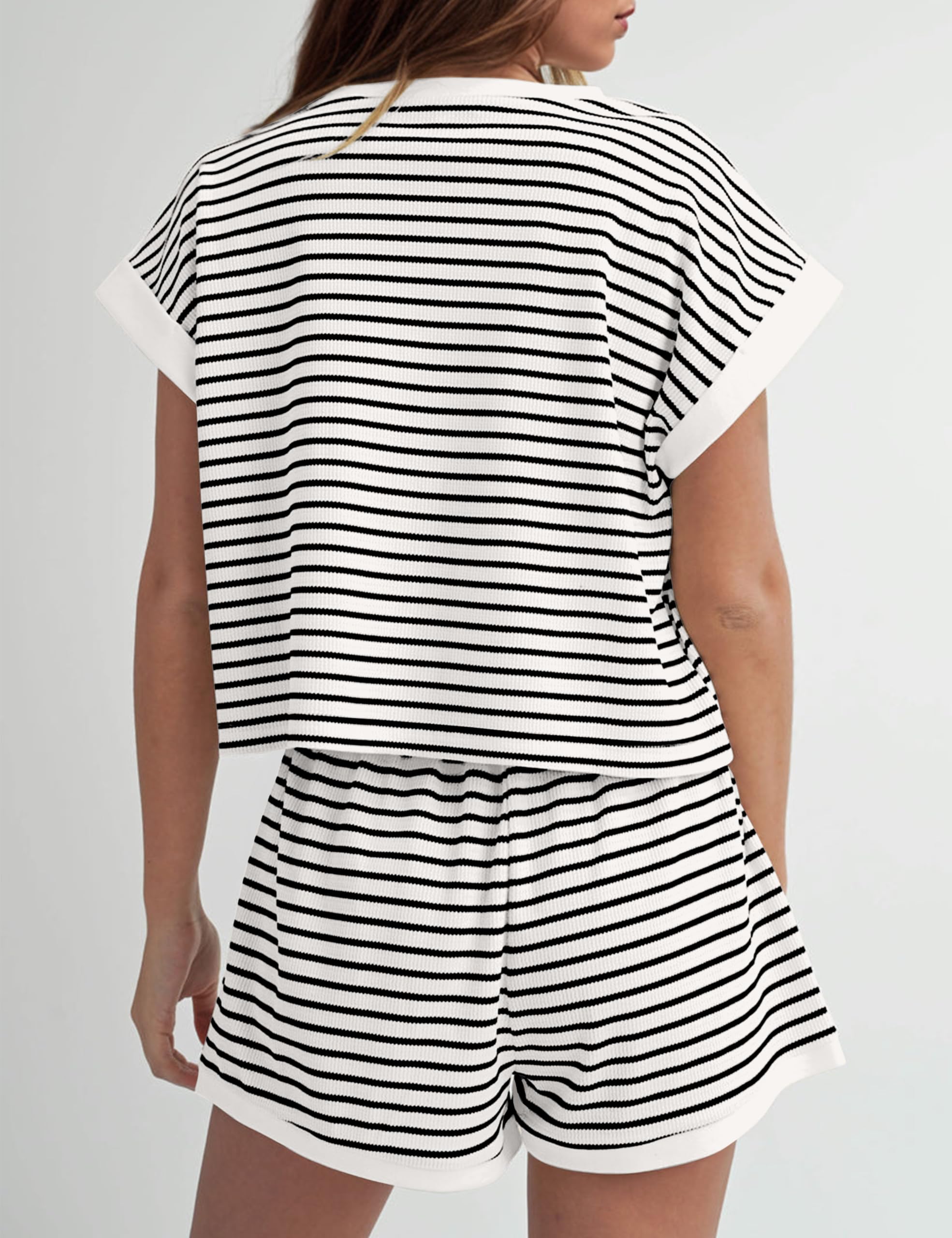 Women Summer Striped Short Sleeve Tee Shirts Mini Shorts 2 Piece Lounge Sets