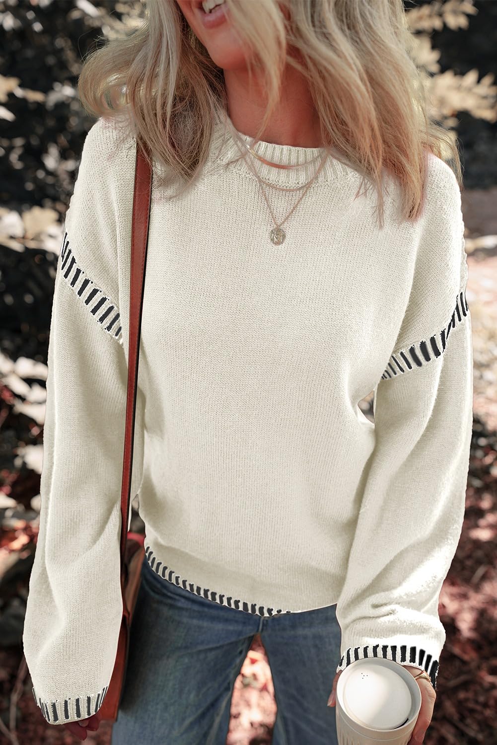 Women's Solid Crewneck Loose Fit Contrast Cable Knit Pullover Sweater