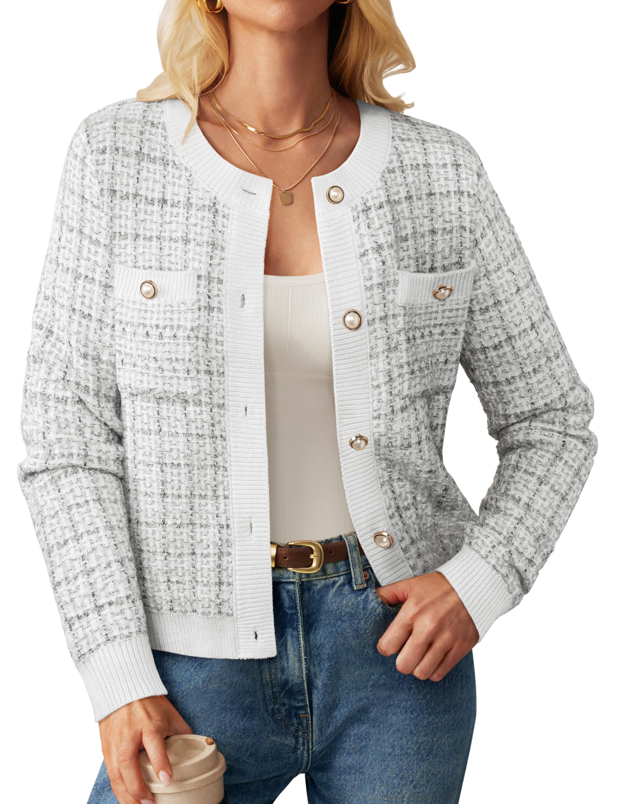 Womens Open Front Button Down Texture Knit Cardigan Sweaters with Pockets