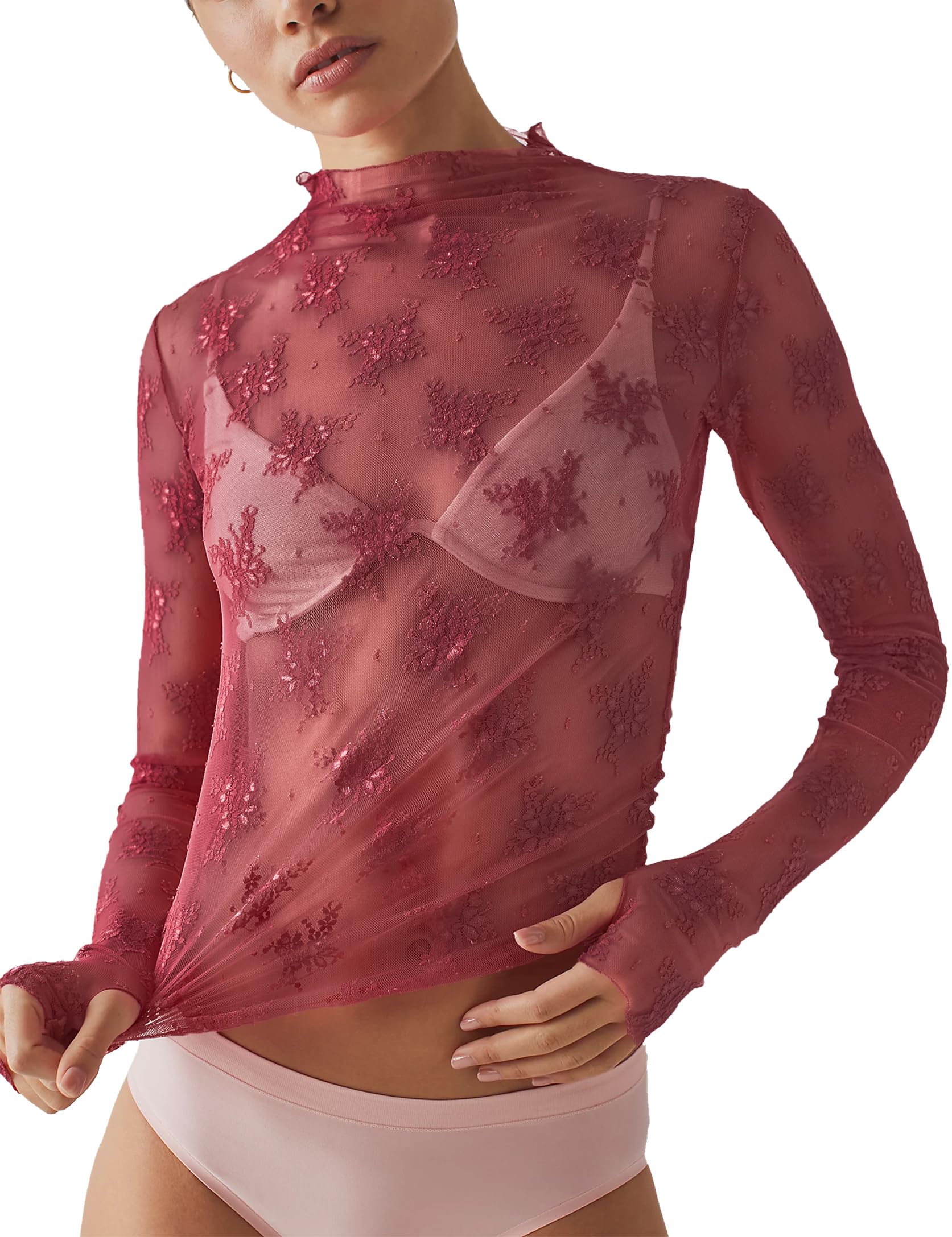 Women's Sexy Long Sleeve Mock Neck Lace Floral Lace Tops