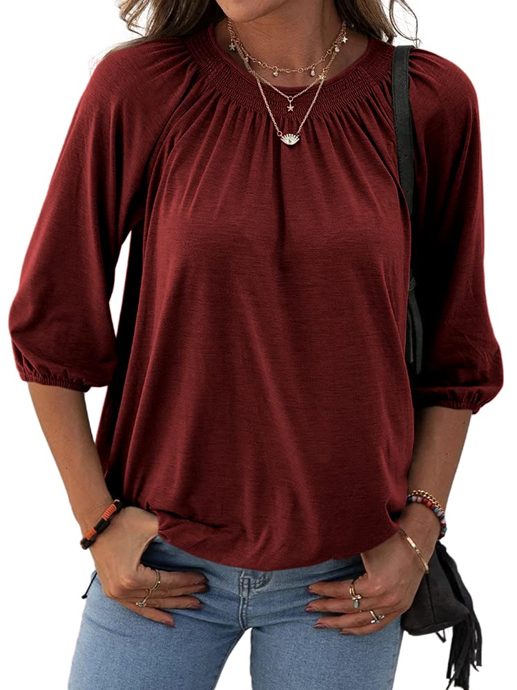 Women's Casual Cotton 3/4 Sleeve Loose Pleated Basic Tops