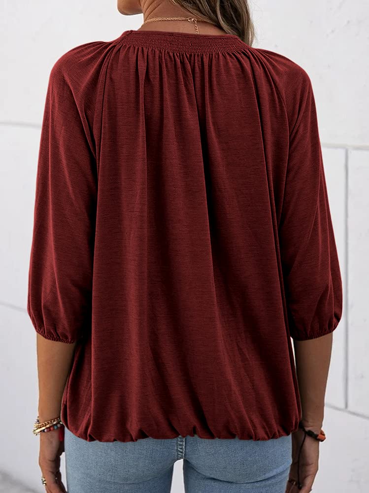Women's Casual Cotton 3/4 Sleeve Loose Pleated Basic Tops