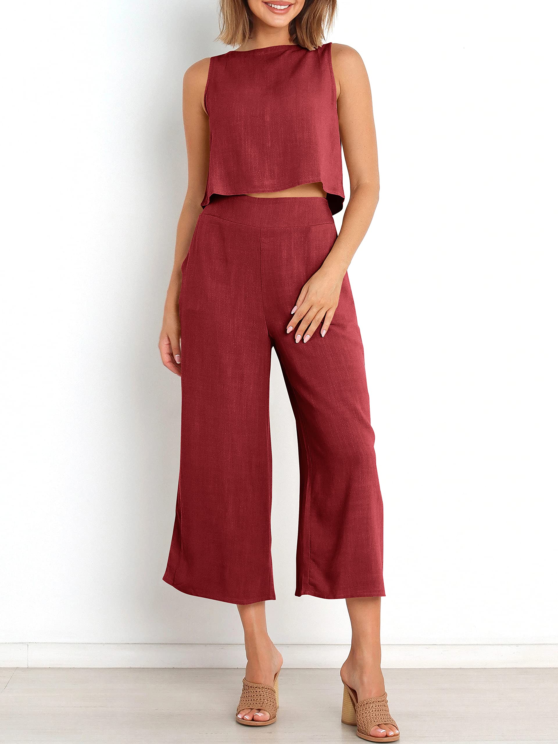 Sleeveless Tank Wide Leg Pants With Pockets-hivebabe.com