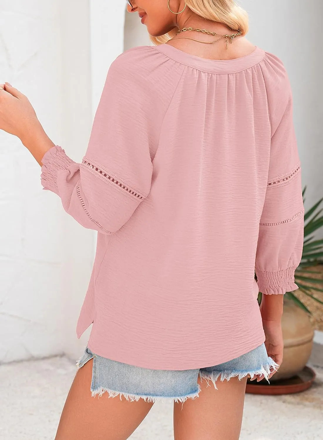 ⏰Hot Sale-Womens 3/4 Lantern Sleeve Casual V-Neck T-Shirts Pleated Loose Hollow-Out Blouse