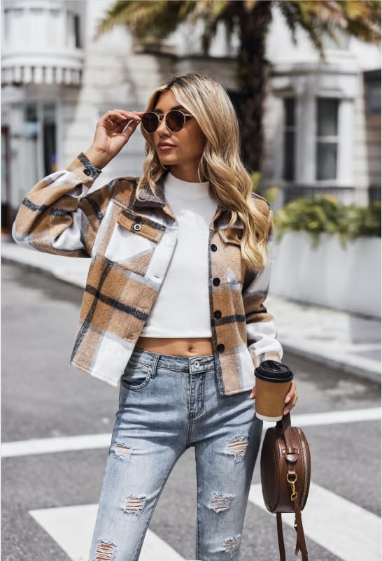 Women Flannel Plaid Button Down Cropped Jacket