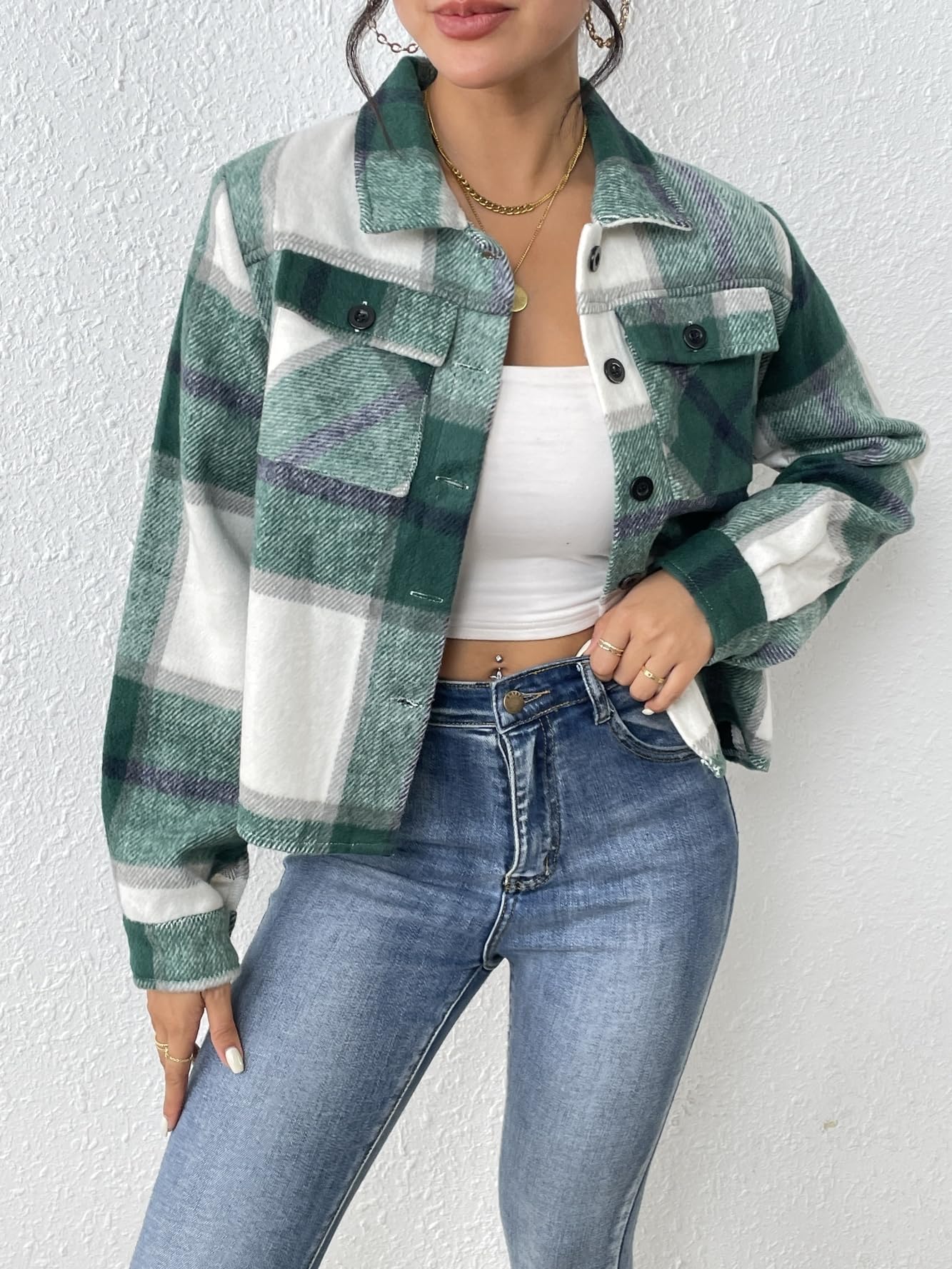 Women Flannel Plaid Button Down Cropped Jacket