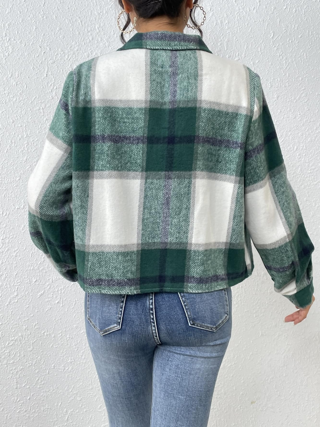 Women Flannel Plaid Button Down Cropped Jacket