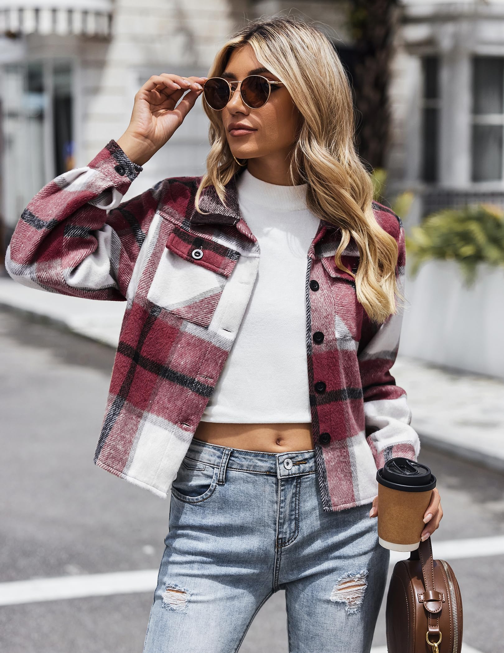 Women Flannel Plaid Button Down Cropped Jacket