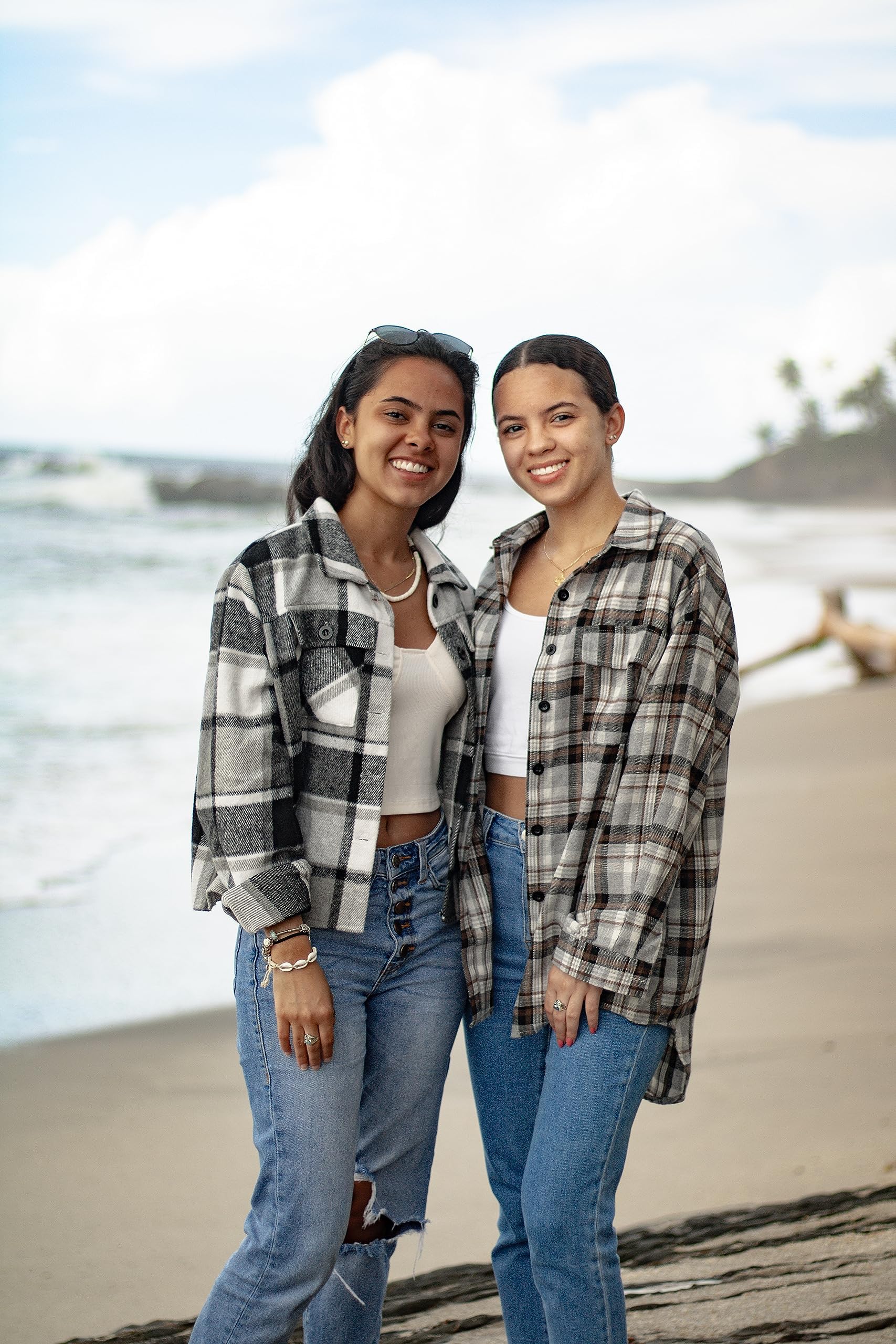 Women Flannel Plaid Button Down Cropped Jacket