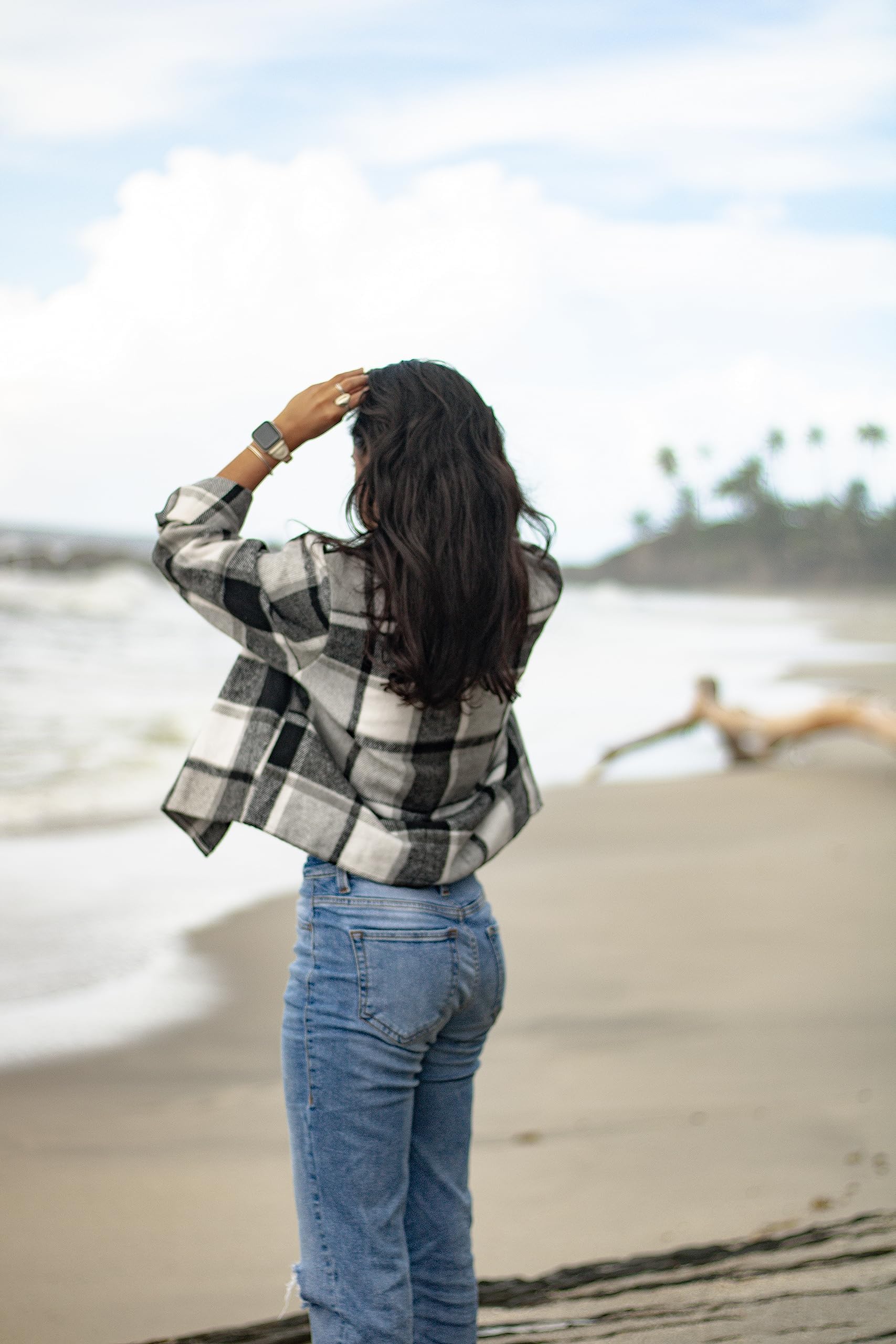 Women Flannel Plaid Button Down Cropped Jacket