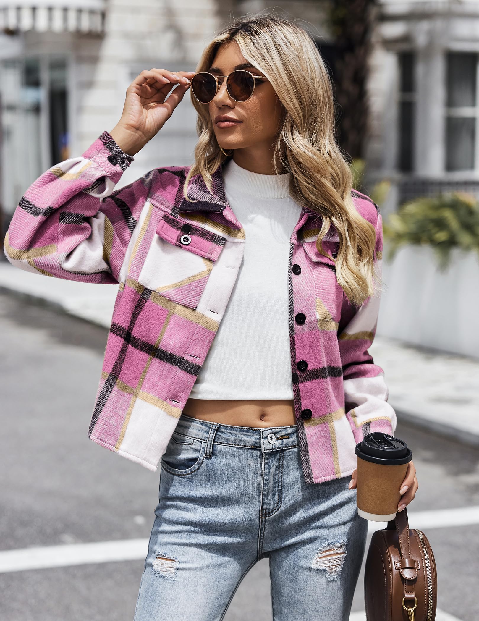 Women Flannel Plaid Button Down Cropped Jacket