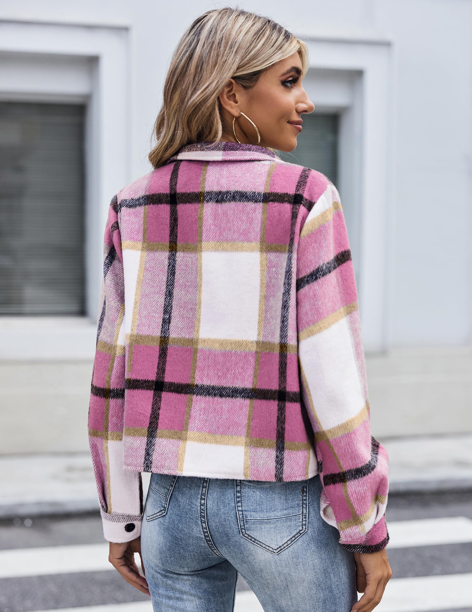 Women Flannel Plaid Button Down Cropped Jacket