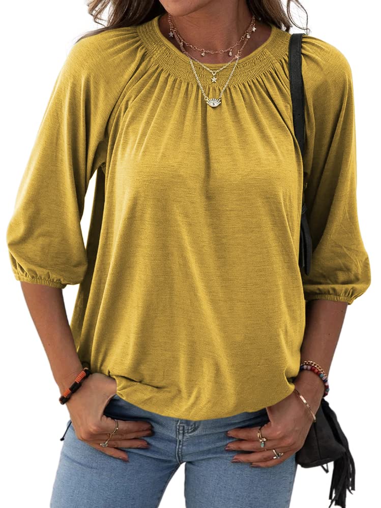 Women's Casual Cotton 3/4 Sleeve Loose Pleated Basic Tops