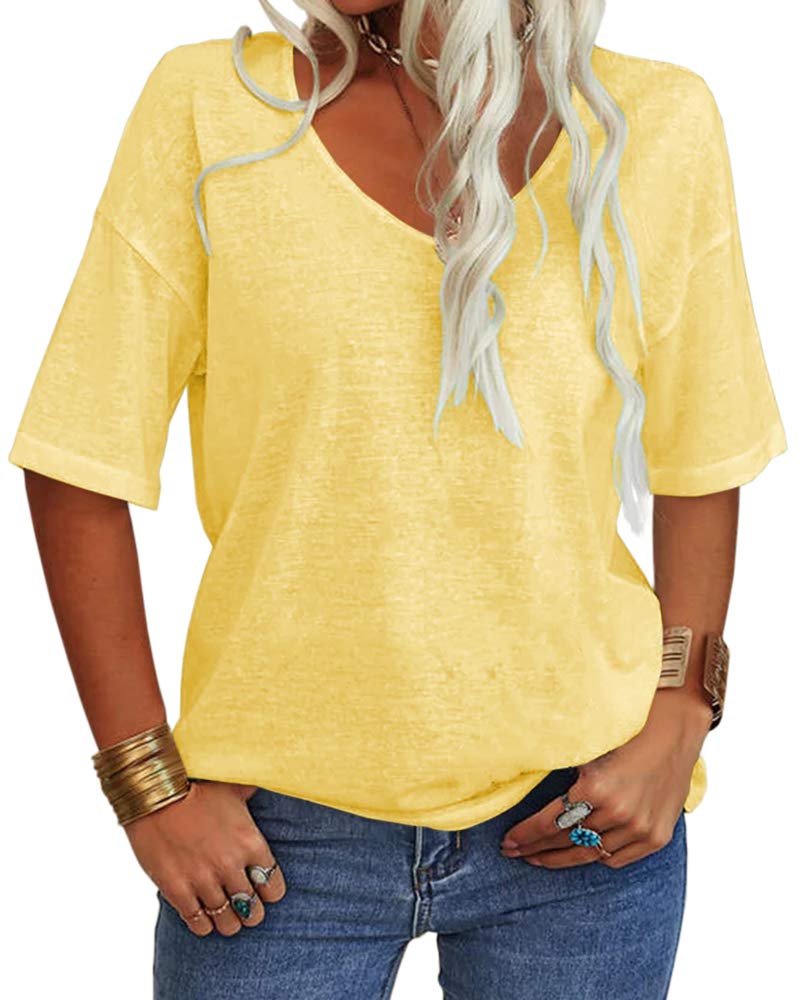 Women's Solid V-Neck Half Sleeves Oversized T Shirt
