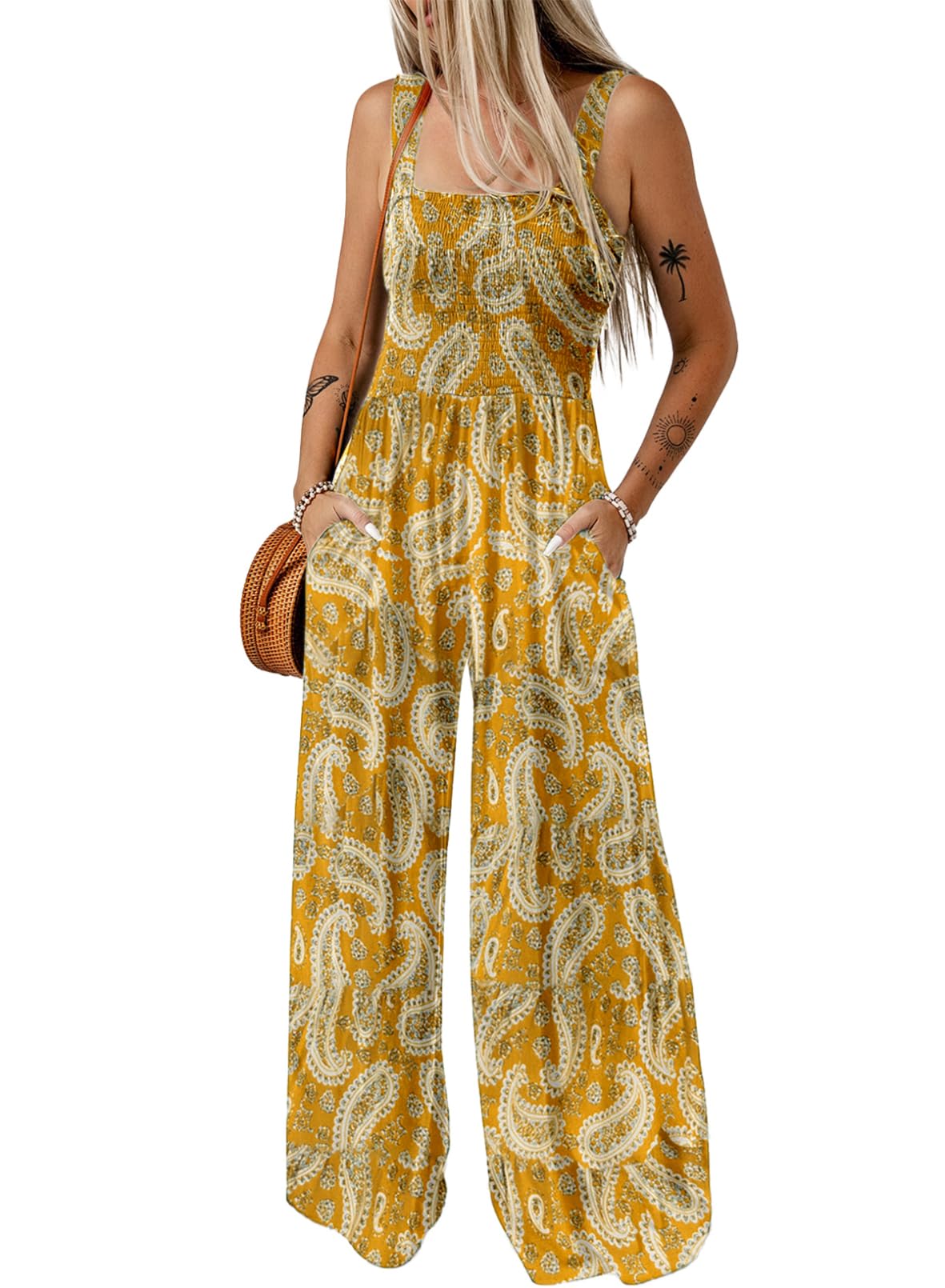 Womens Overalls Casual Floral Print Sleeveless Jumpsuit with Pockets