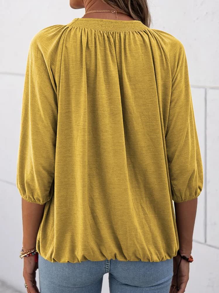 Women's Casual Cotton 3/4 Sleeve Loose Pleated Basic Tops