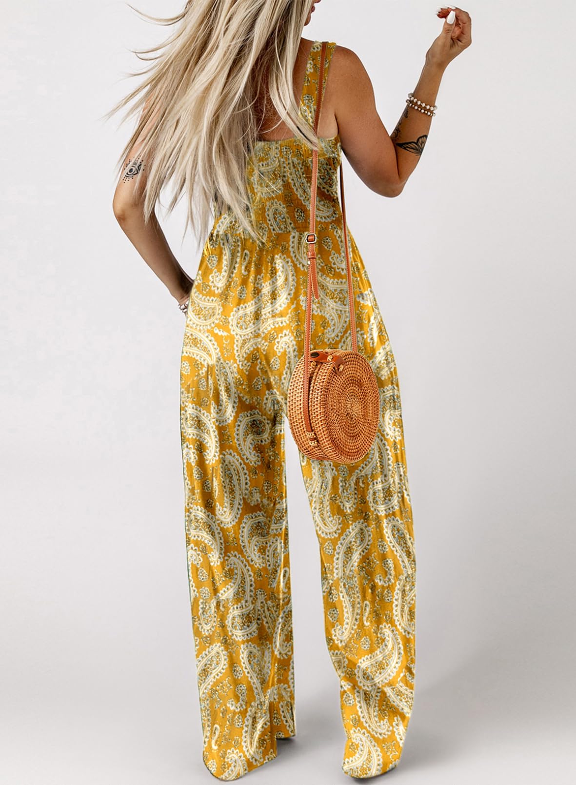 Womens Overalls Casual Floral Print Sleeveless Jumpsuit with Pockets