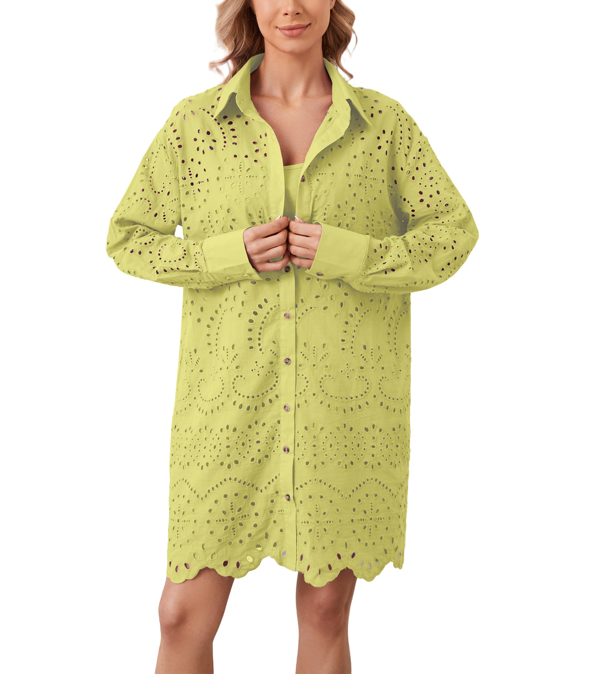 Women's Hollow Out Button Down Lapel Loose Mini Shirt Dress