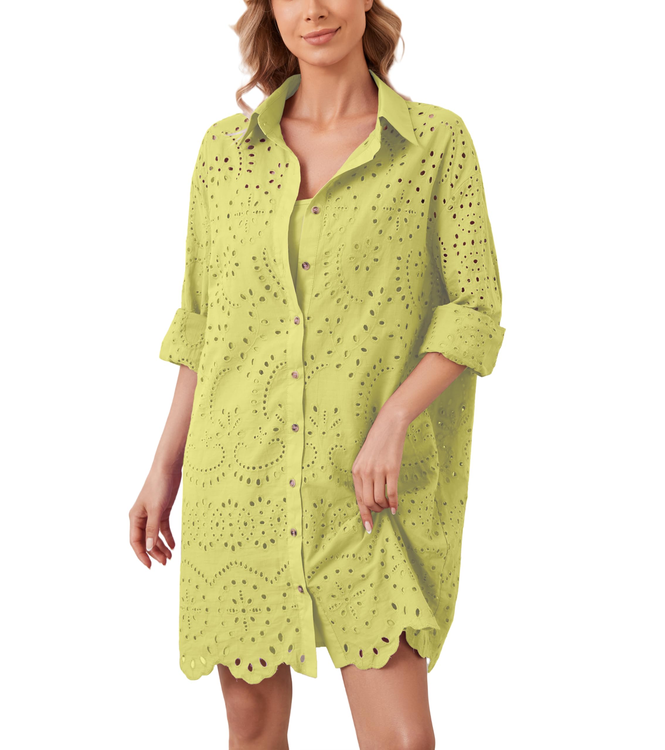 Women's Hollow Out Button Down Lapel Loose Mini Shirt Dress