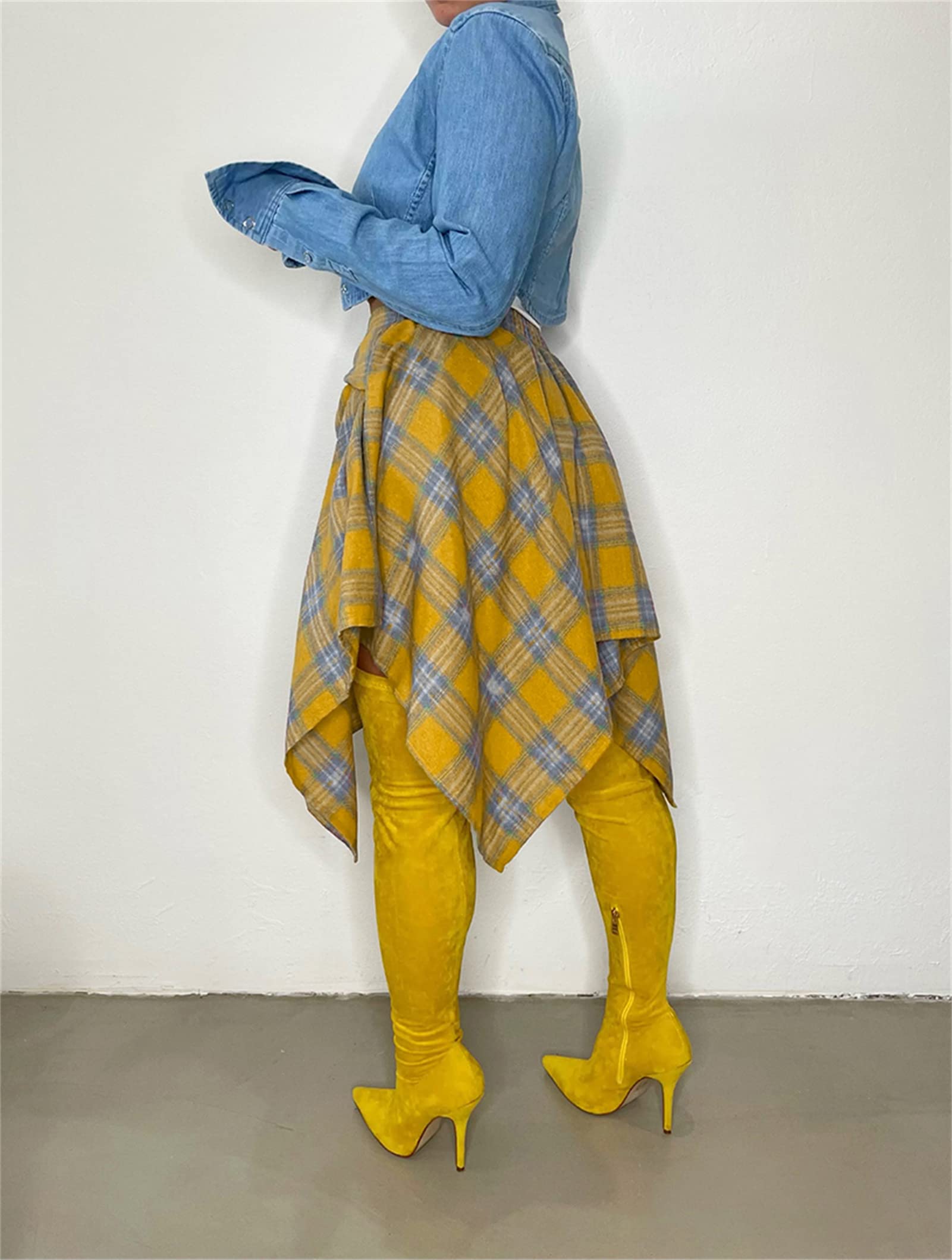 Women's Fashion Multicolor Plaid Print Asymmetrical Hem High Waist Skirt