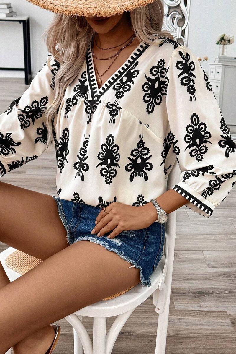 HOT SALE Women's Vintage Geometric Printed 3/4 Sleeve V Neck Blouse