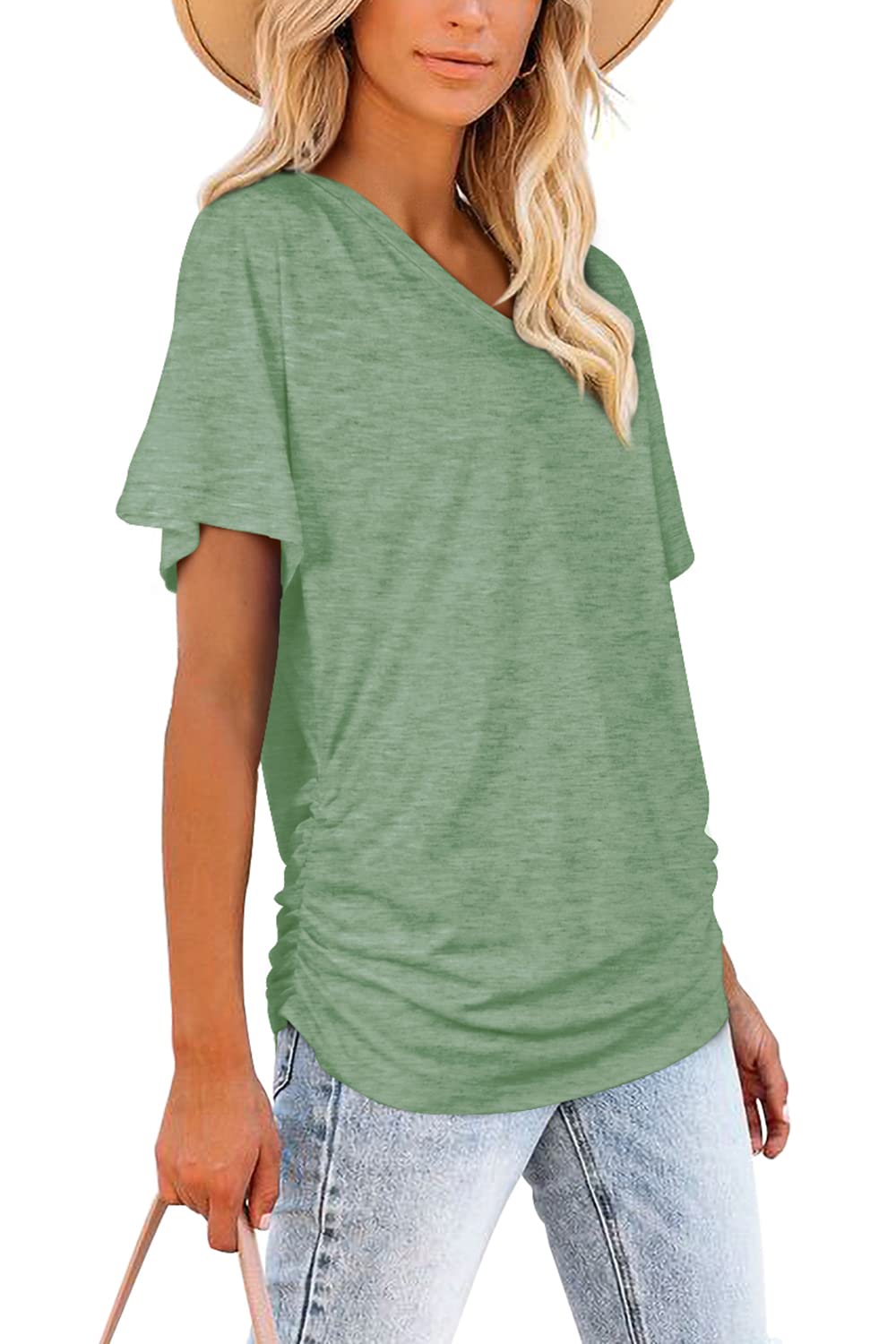 Women’s Short Sleeve V-Neck Dolman Top with Side Shirring (buy 3 free shipping!!!)
