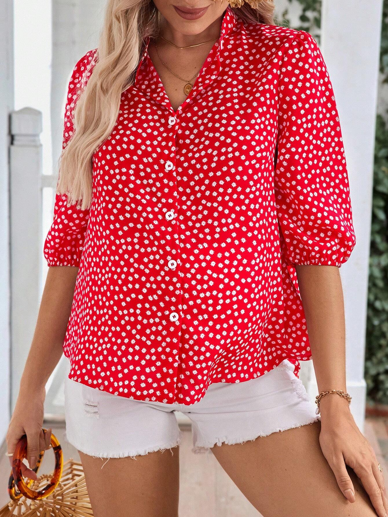 Women's Floral Print Half Sleeve Button Down Shirt Blouse (BUY 2 FREE SHIPPING)