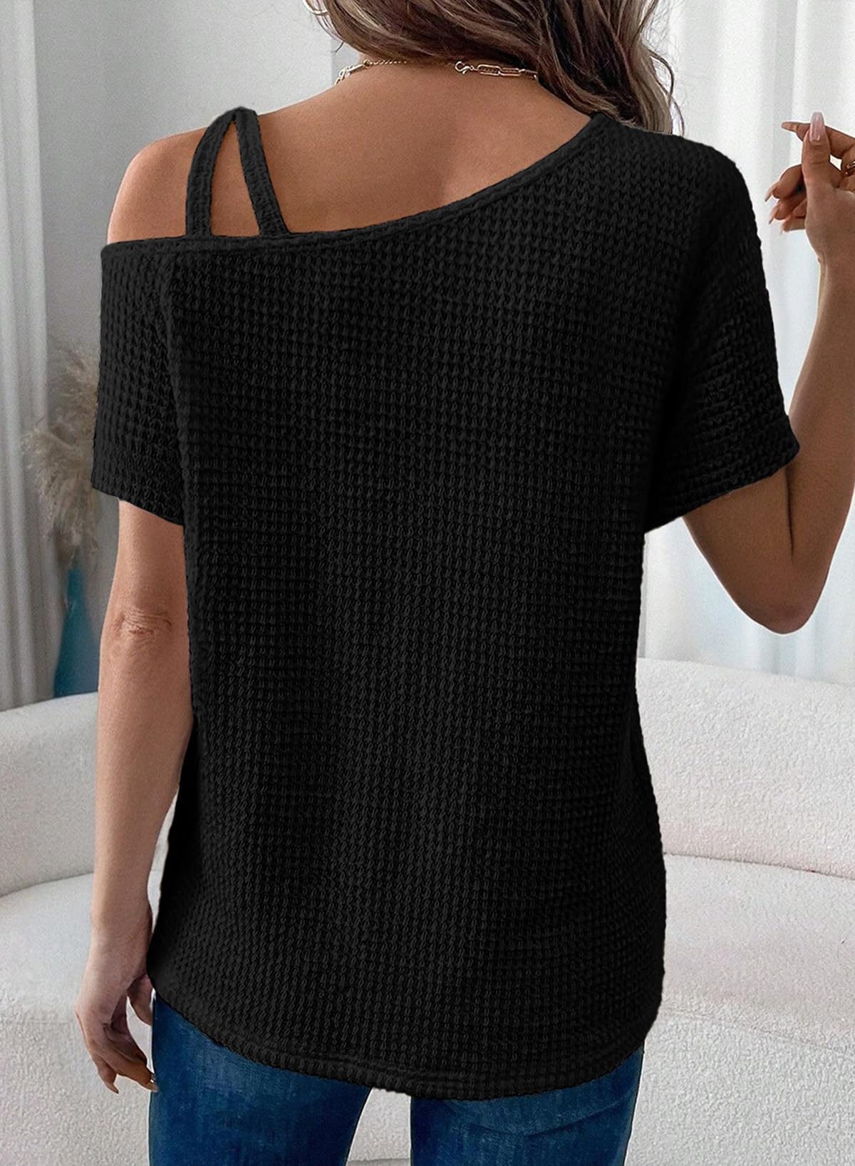 Women's Summer Off-Shoulder Waffle Knit Short Sleeve Top (Buy 2 Free Shipping!!!)