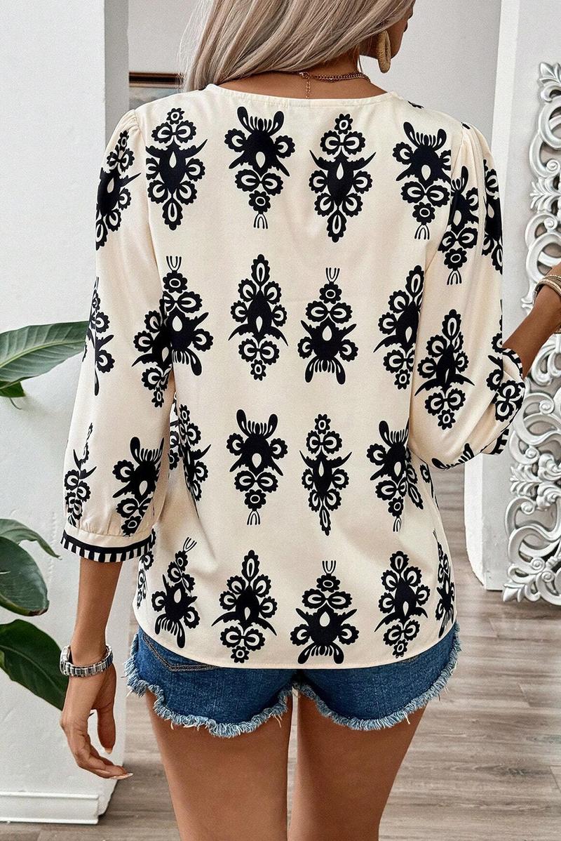 HOT SALE Women's Vintage Geometric Printed 3/4 Sleeve V Neck Blouse