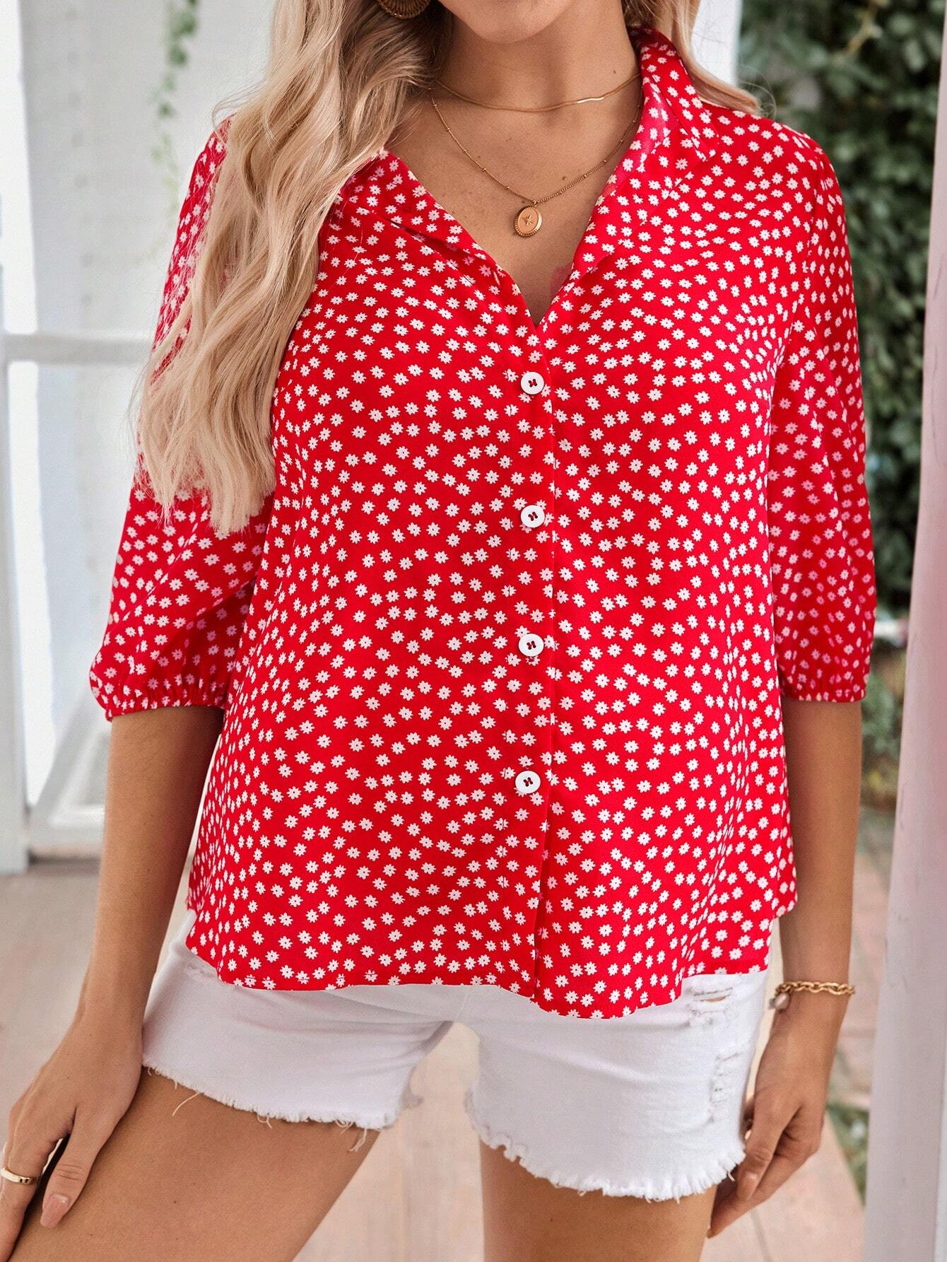 Women's Floral Print Half Sleeve Button Down Shirt Blouse (BUY 2 FREE SHIPPING)