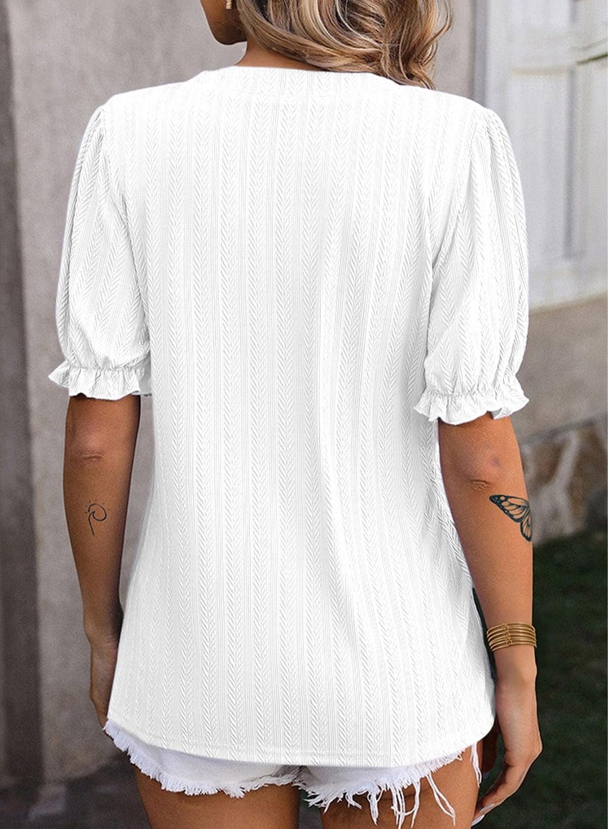 Textured Puff-Sleeve V-Neck Knit Top (BUY 2 FREE SHIPPING)