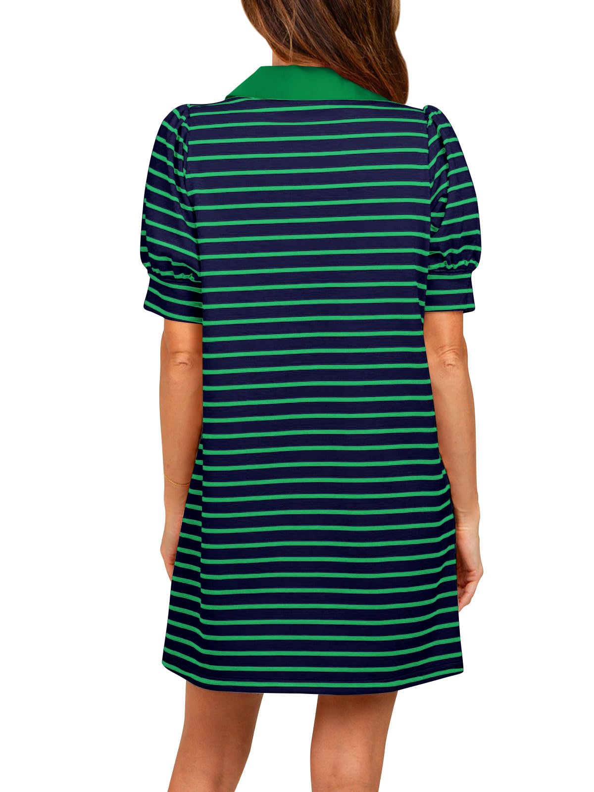 Women's Lapel Collared  Striped Dress Puff Polo Tshirt Dresses with Pockets (BUY 2 FREE SHIPPING!!!)