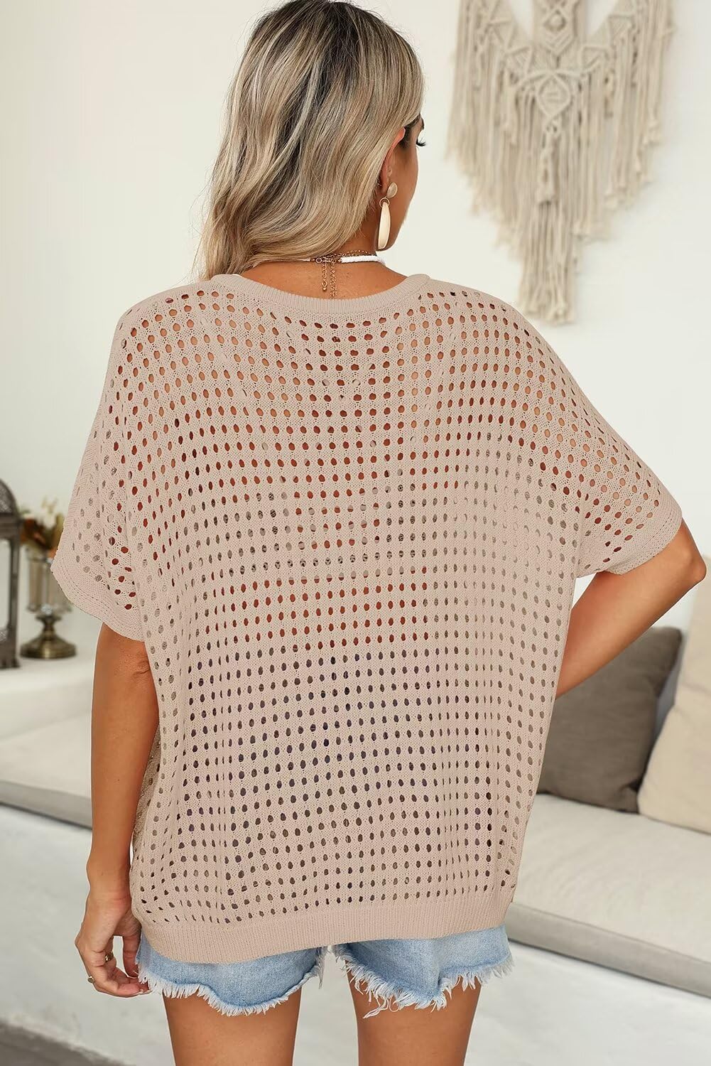 Womens Summer V Neck Short Sleeve Button Down Sweater Casual Crochet Hollow Out Knit Tops Beach Coverup (Buy 2 Free Shipping!!!)