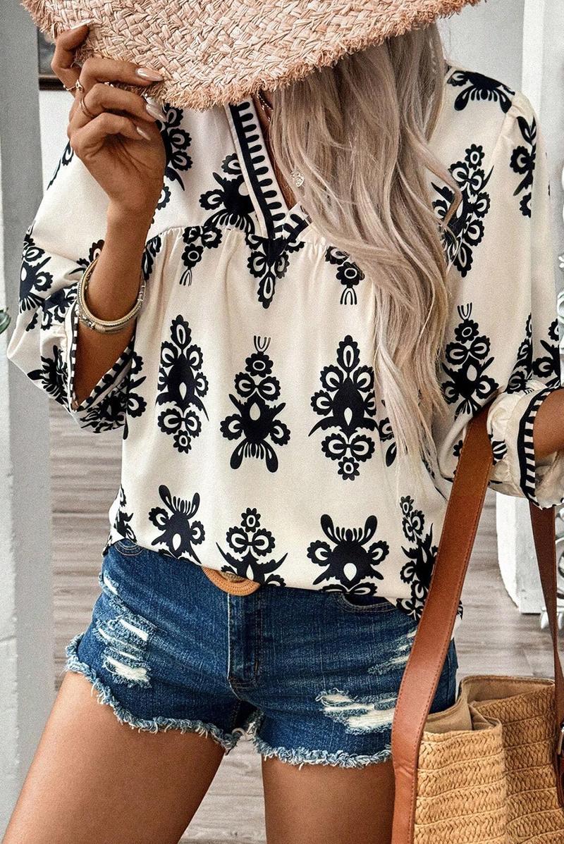 HOT SALE Women's Vintage Geometric Printed 3/4 Sleeve V Neck Blouse