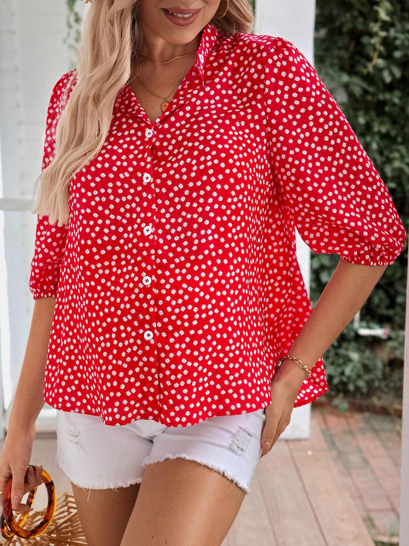 Women's Floral Print Half Sleeve Button Down Shirt Blouse (BUY 2 FREE SHIPPING)