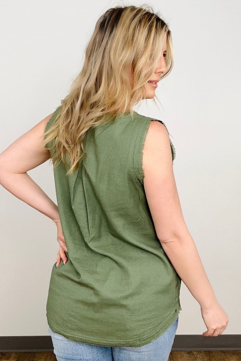 Linen Pre-Washed Frayed Edge V-Neck Sleeveless Top