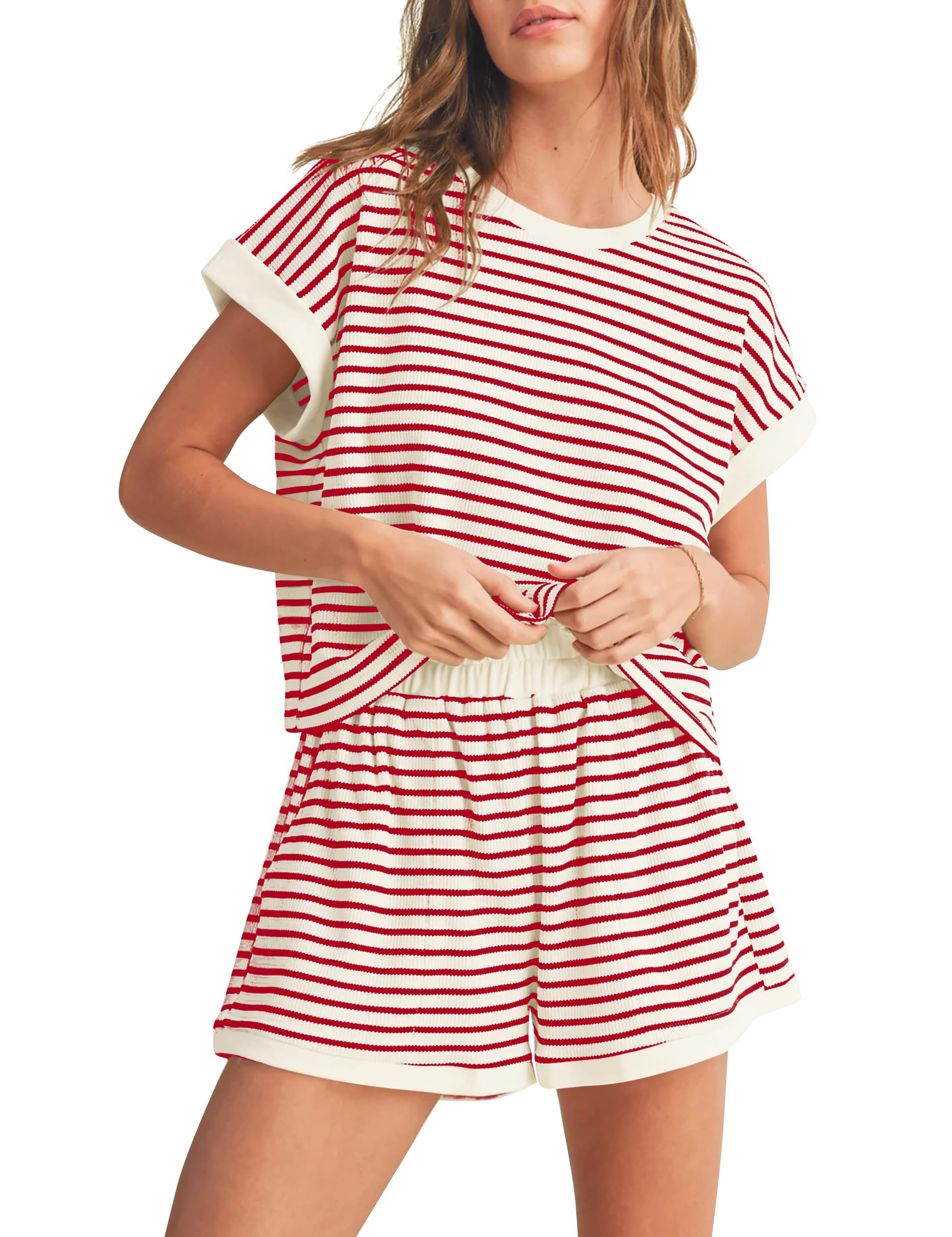 Women Summer Striped Short Sleeve Tee Shirts Mini Shorts 2 Piece Lounge Sets