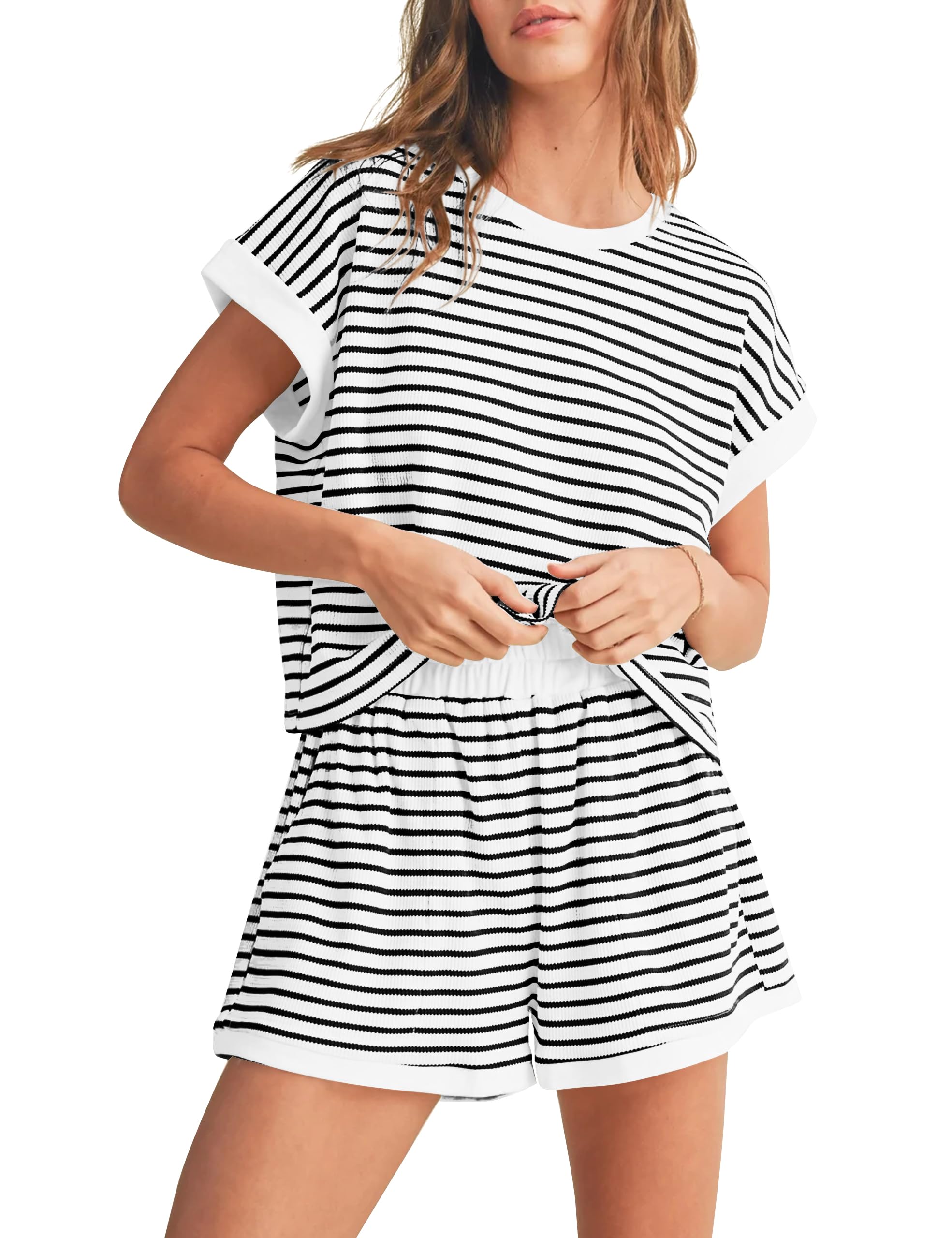 Women Summer Striped Short Sleeve Tee Shirts Mini Shorts 2 Piece Lounge Sets