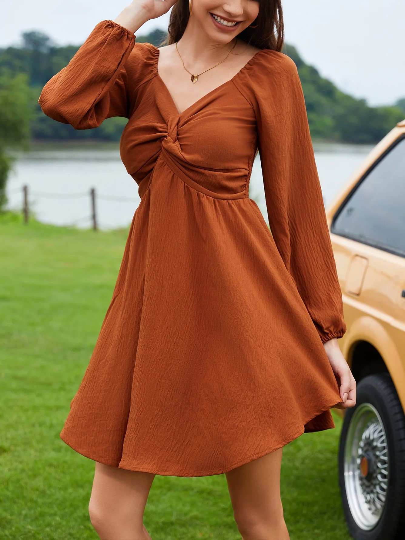 HOT SALE Women's V Neck Knot Front Smocked Back Long Sleeve Dress