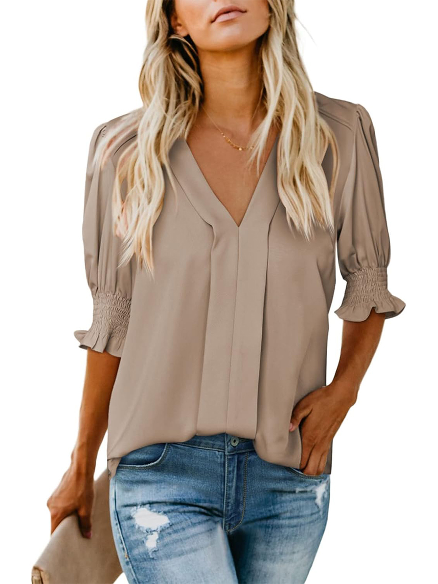 Women's Dressy Casual V Neck  Puff Ruffle Short Sleeve Shirt Tops