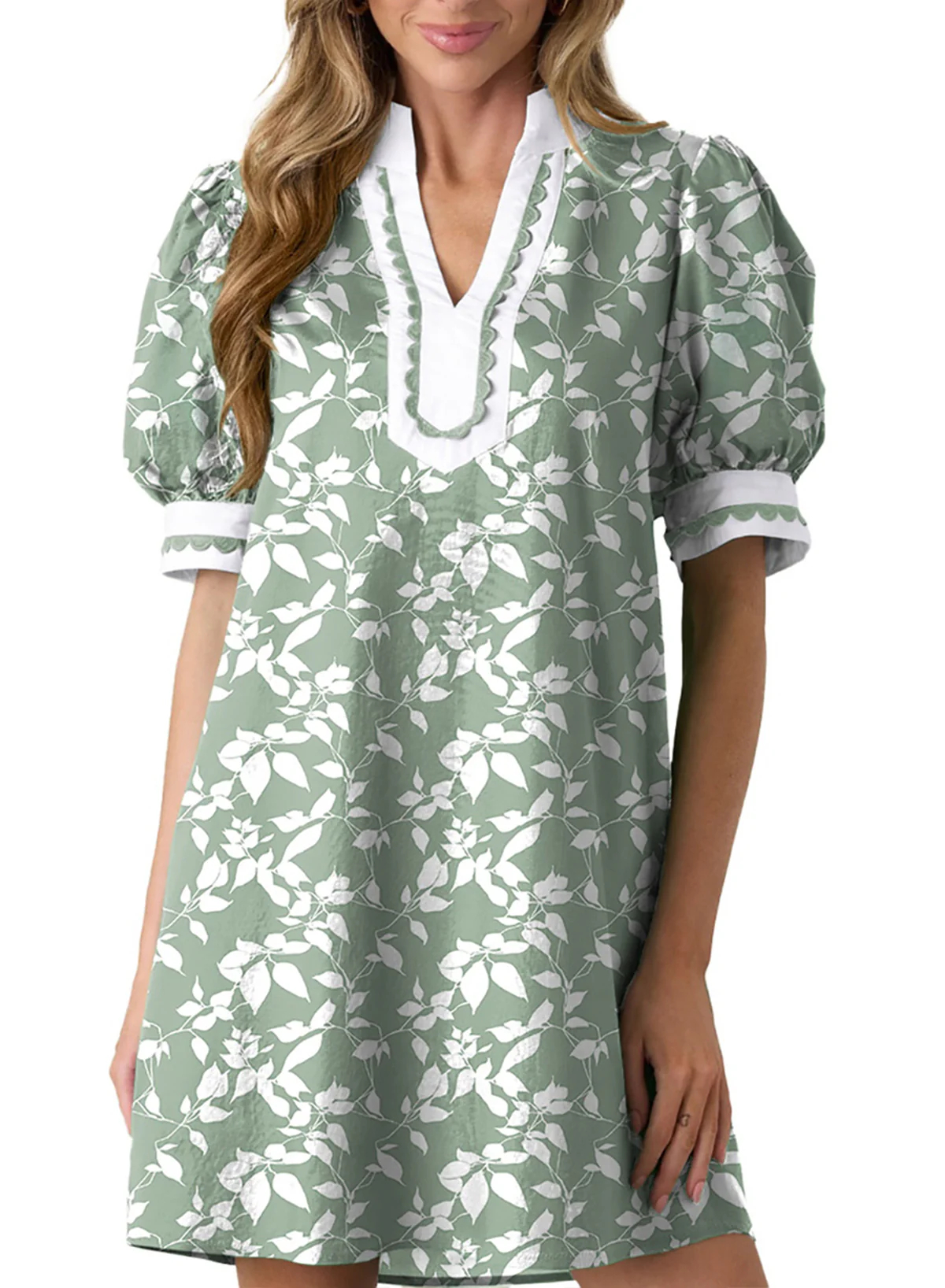 Women's Floral Print V Neck Ricrac Trim Puff Sleeve Dress