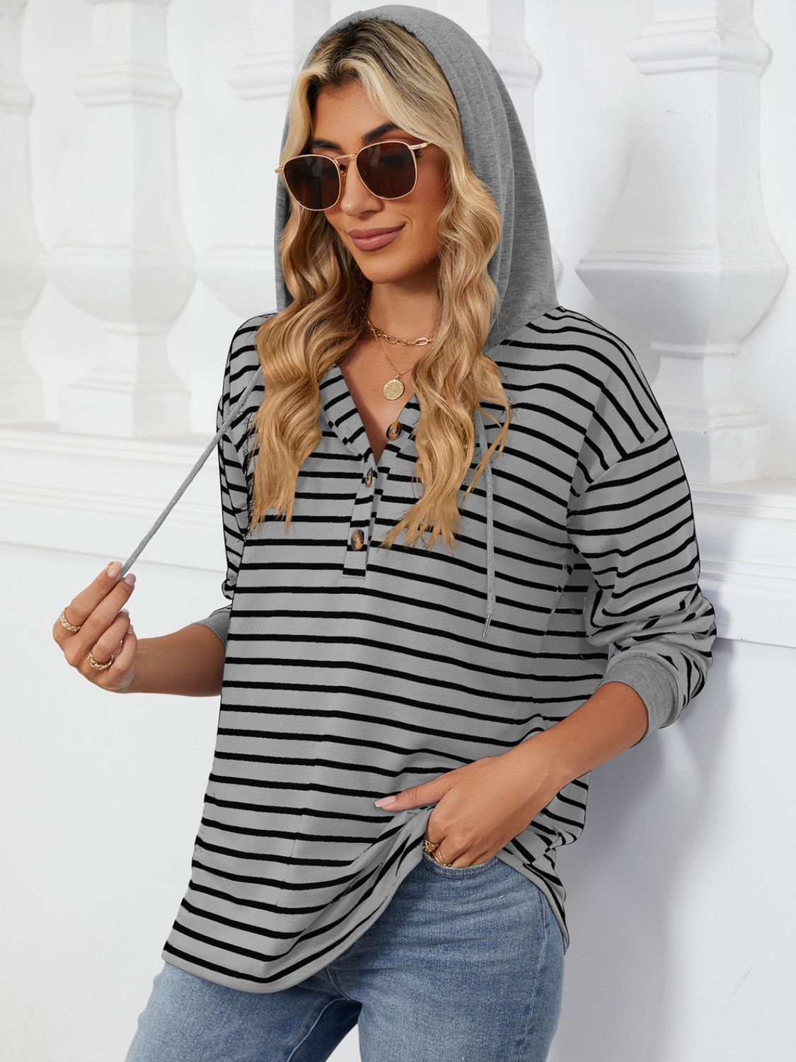 Womens Striped Hoodies Jumper Drawstring Tops